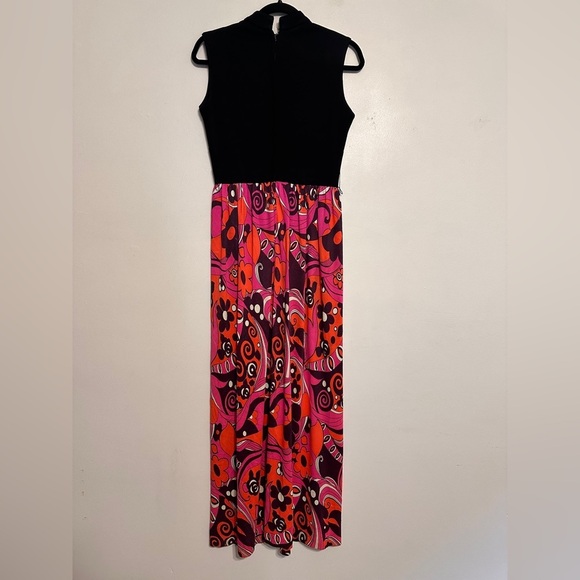 Vintage 70s Psychedelic Floral Polyester Keyhole Maxi Dress Pink Black - Picture 4 of 6